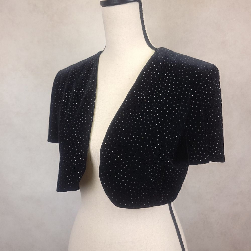 Vintage Crimson Black Sparkly Open Front Bolero Jacket Cover-up Shrug 6P